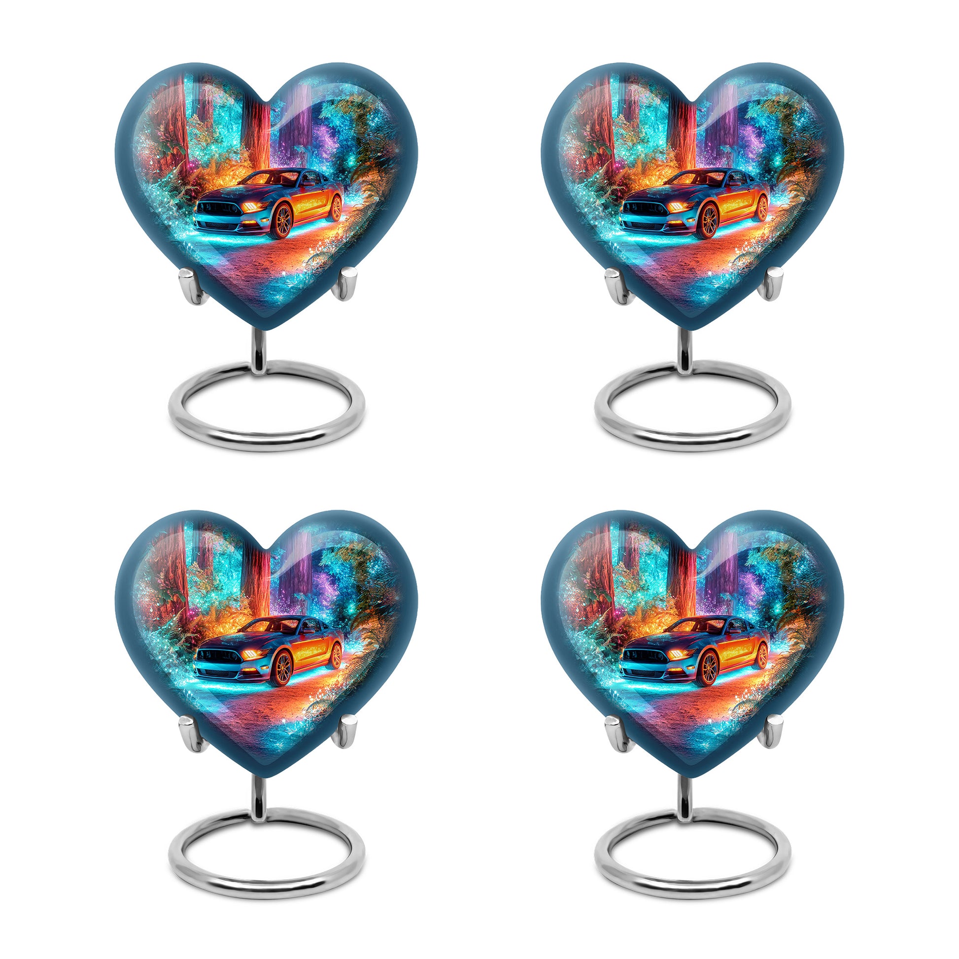 Cornflower Blue Car Cremation Urn angled view of lid and engraved motif - romantic heart urn with car motif on aluminum - 10 inch aluminum urn for cremated remains