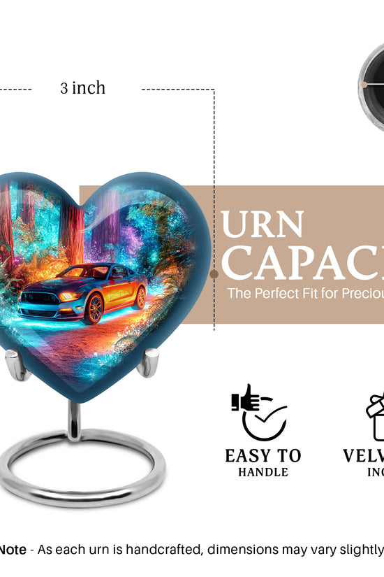 Sapphire Blue Car Cremation Urn front view showing detailed design - romantic heart urn with car motif on aluminum - mini keepsake memorial for portion of cremation ashes
