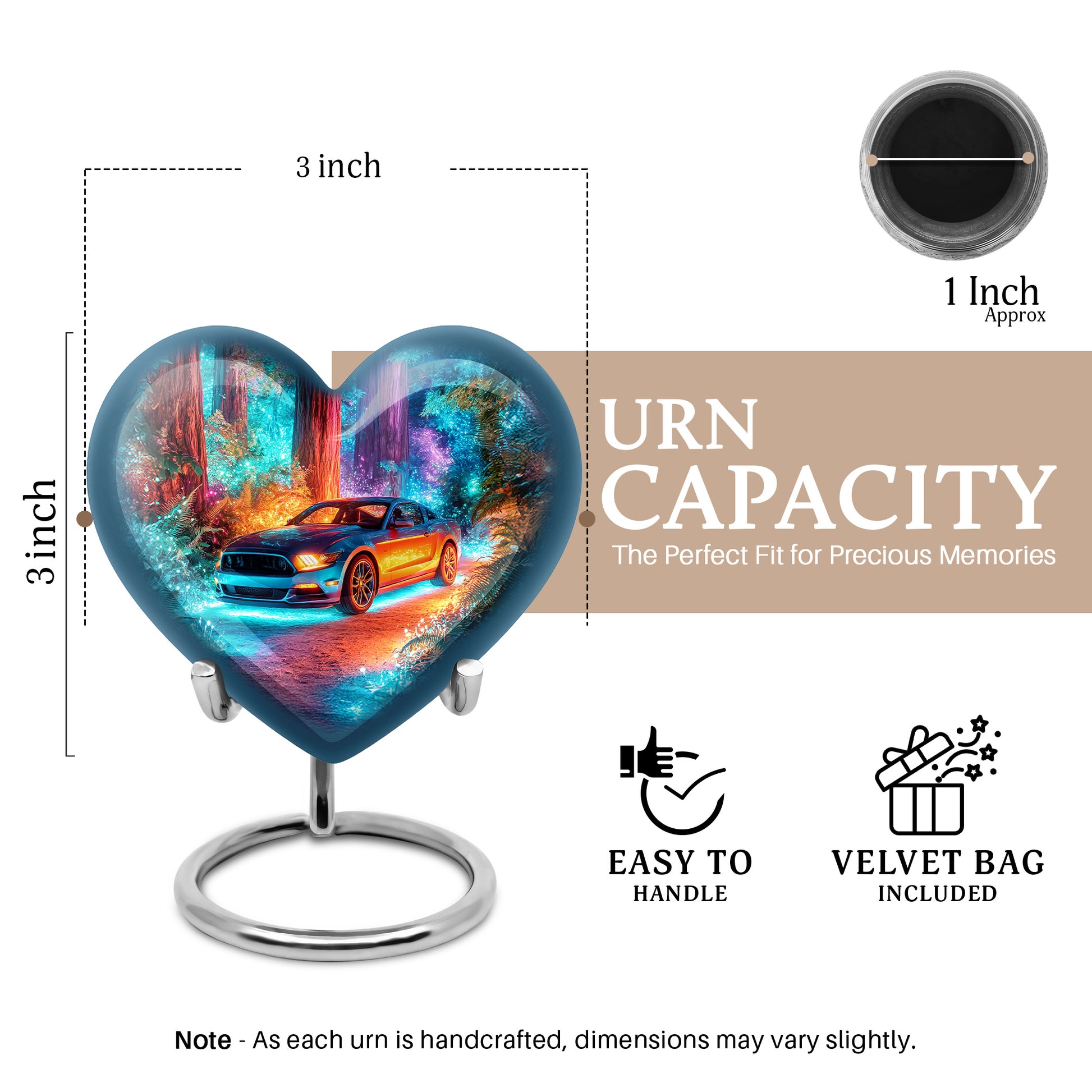 Sapphire Blue Car Cremation Urn front view showing detailed design - romantic heart urn with car motif on aluminum - mini keepsake memorial for portion of cremation ashes