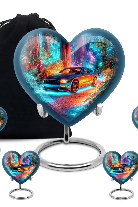 Pastel Blue Car Cremation Urn close-up of engraving and surface detail - heart-shaped car design symbolizing eternal love - memorial set with one large and four small urns