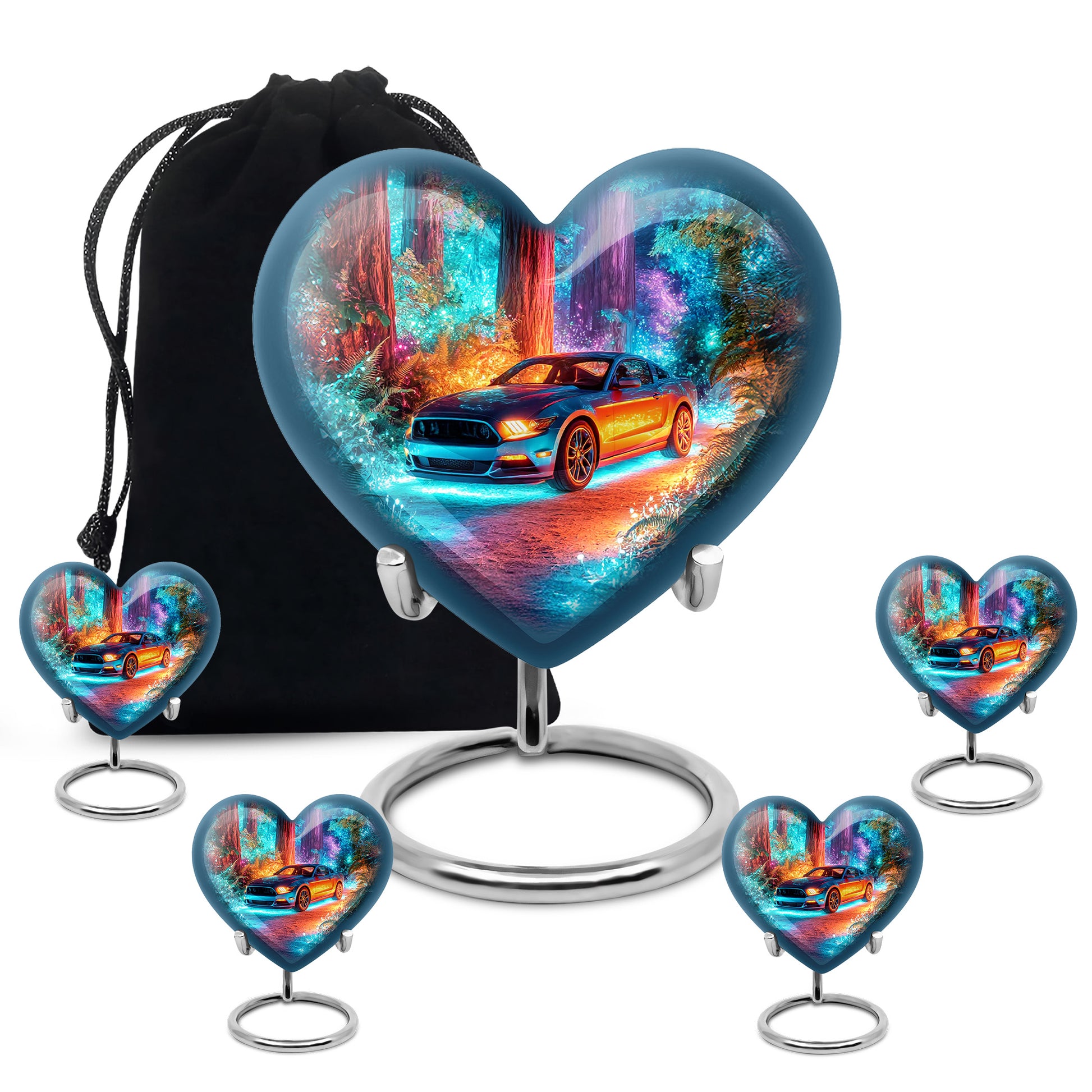 Pastel Blue Car Cremation Urn close-up of engraving and surface detail - heart-shaped car design symbolizing eternal love - memorial set with one large and four small urns