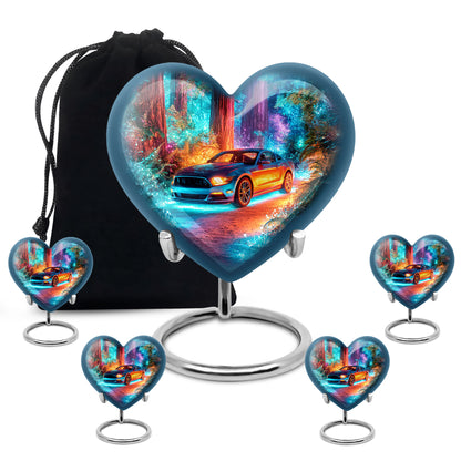 Pastel Blue Car Cremation Urn close-up of engraving and surface detail - heart-shaped car design symbolizing eternal love - memorial set with one large and four small urns