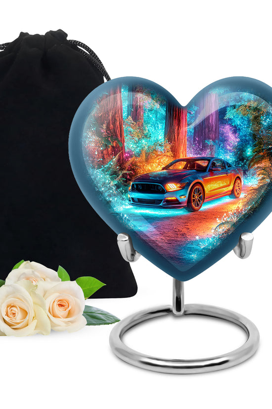 Pastel Blue Car Cremation Urn detail view - loving heart memorial featuring car pattern - full-size 10 inch 200 cubic inch adult cremation urn