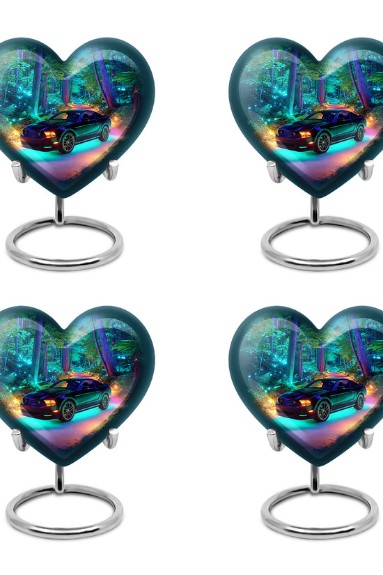 Sapphire Blue Car Cremation Urn angled view of lid and engraved motif - romantic heart urn with car motif on aluminum - 10 inch aluminum urn for cremated remains