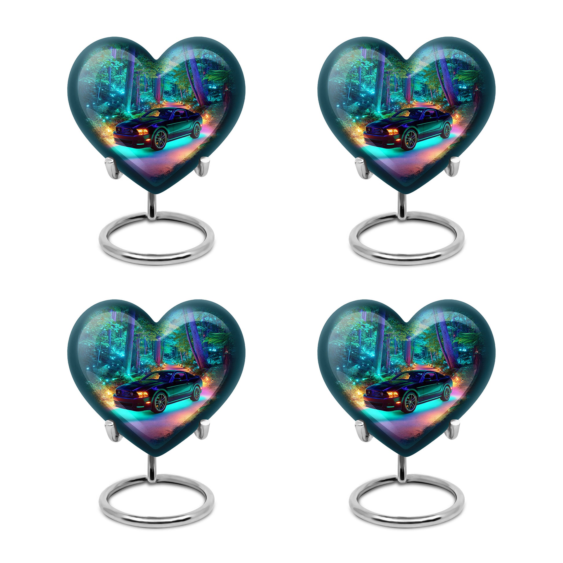 Sapphire Blue Car Cremation Urn angled view of lid and engraved motif - romantic heart urn with car motif on aluminum - 10 inch aluminum urn for cremated remains