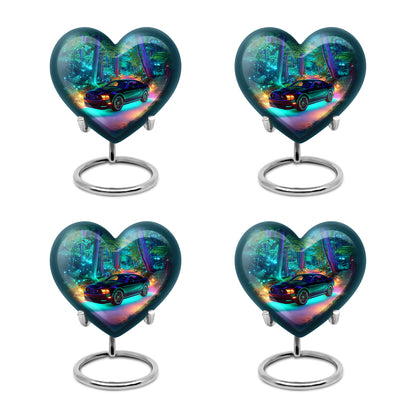 Sapphire Blue Car Cremation Urn angled view of lid and engraved motif - romantic heart urn with car motif on aluminum - 10 inch aluminum urn for cremated remains