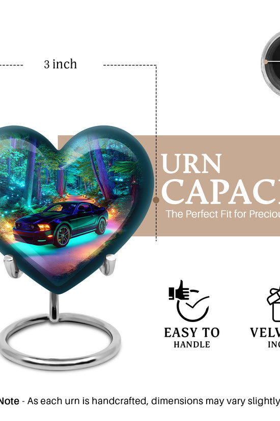 Navy Blue Car Cremation Urn front view showing detailed design - loving heart memorial featuring car pattern - mini keepsake memorial for portion of cremation ashes