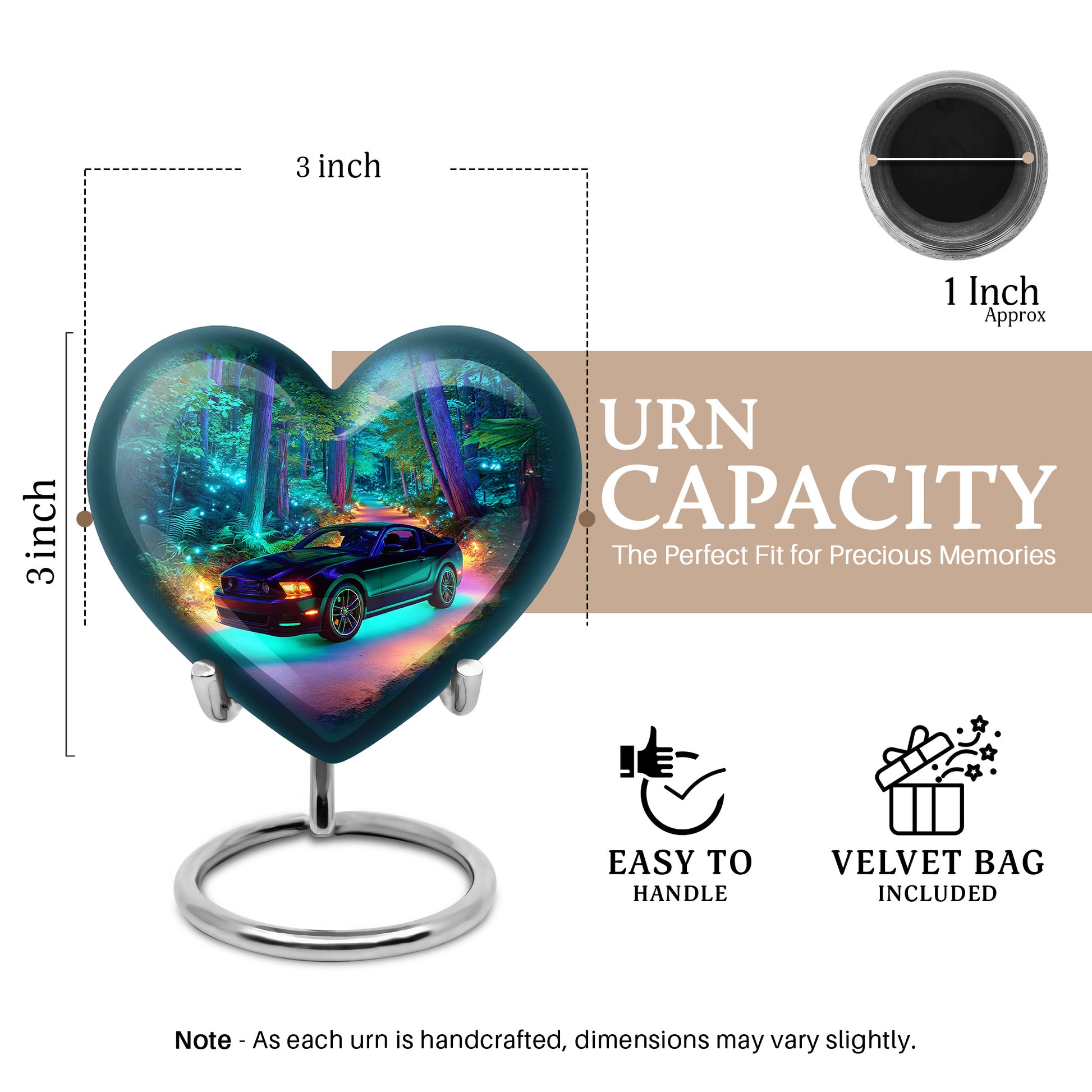 Navy Blue Car Cremation Urn front view showing detailed design - loving heart memorial featuring car pattern - mini keepsake memorial for portion of cremation ashes