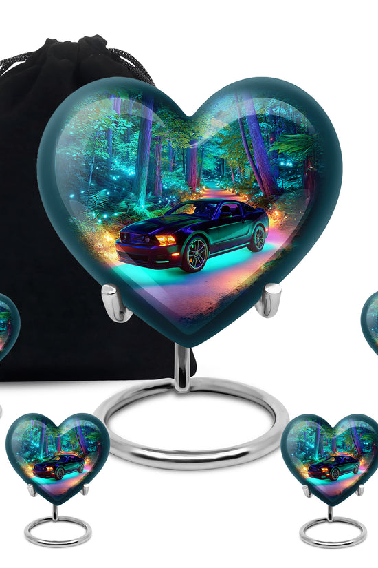 Vivid Blue Car Cremation Urn close-up of engraving and surface detail - compassionate heart-car combination with gentle curves - memorial set with one large and four small urns
