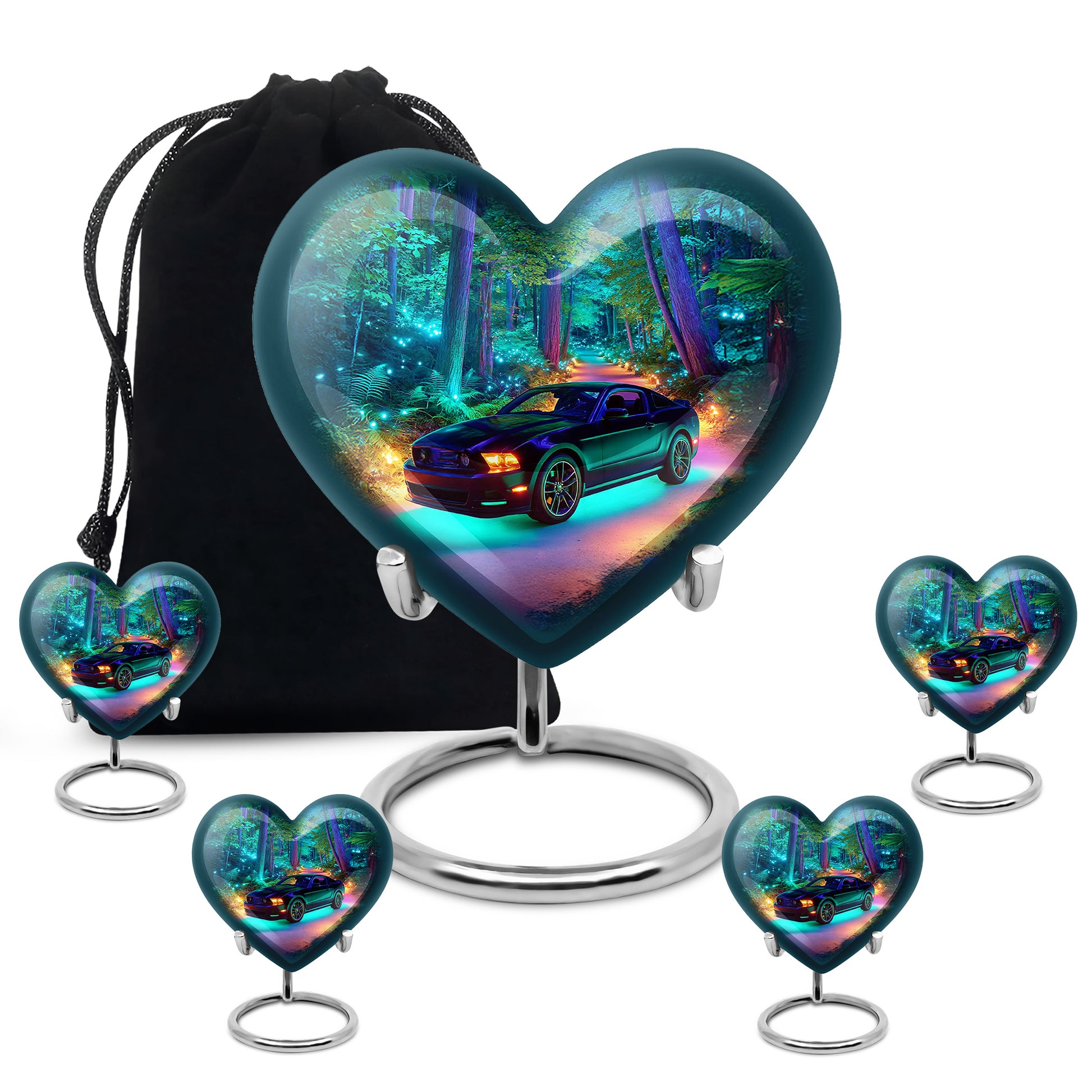Vivid Blue Car Cremation Urn close-up of engraving and surface detail - compassionate heart-car combination with gentle curves - memorial set with one large and four small urns