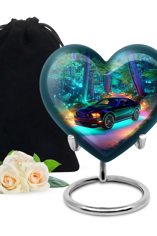 Pastel Blue Car Cremation Urn detail view - heart-shaped car design symbolizing eternal love - full-size 10 inch 200 cubic inch adult cremation urn