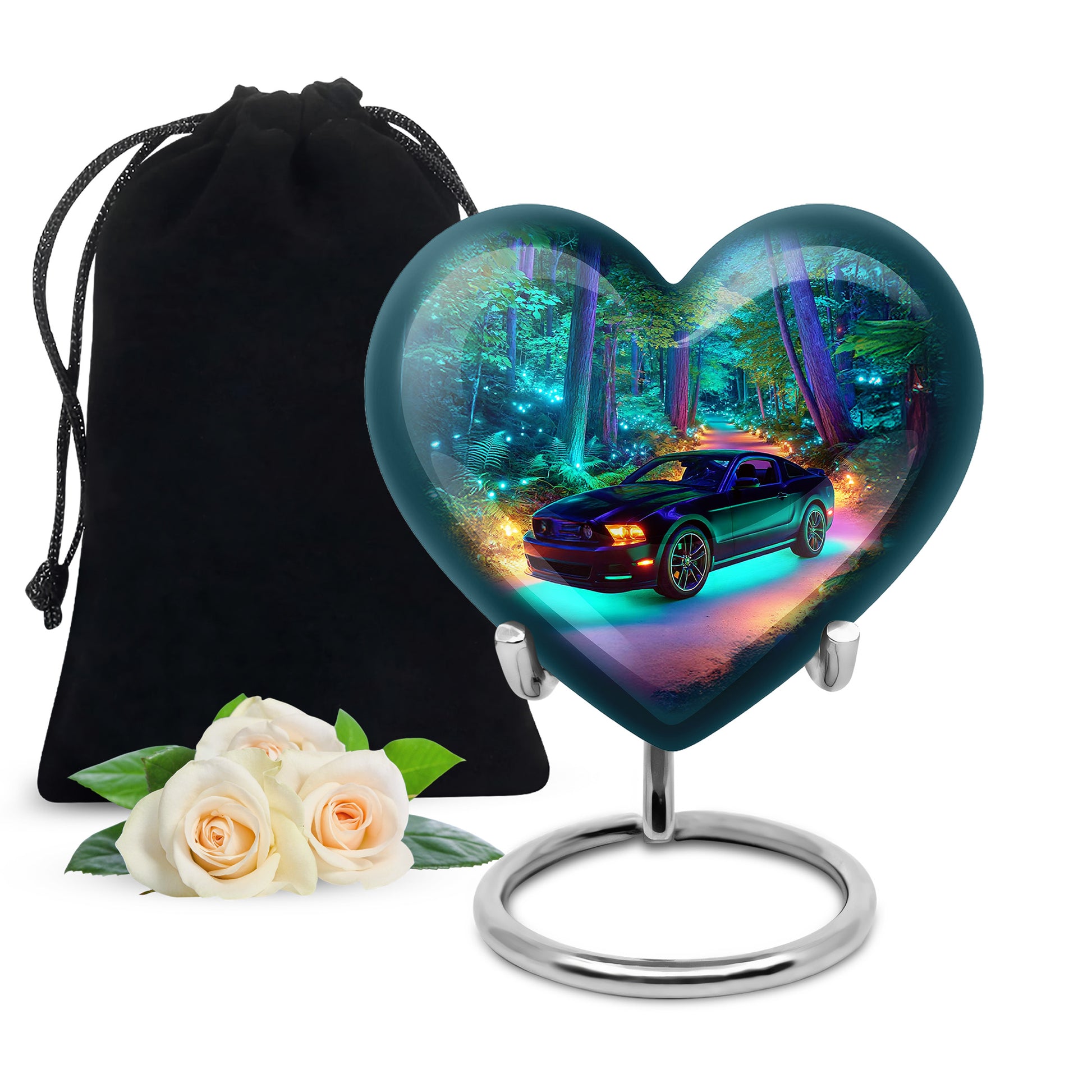 Pastel Blue Car Cremation Urn detail view - heart-shaped car design symbolizing eternal love - full-size 10 inch 200 cubic inch adult cremation urn