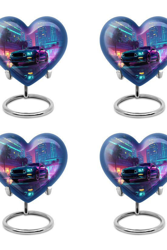 Cornflower Blue Car Cremation Urn angled view of lid and engraved motif - compassionate heart-car combination with gentle curves - 10 inch aluminum urn for cremated remains