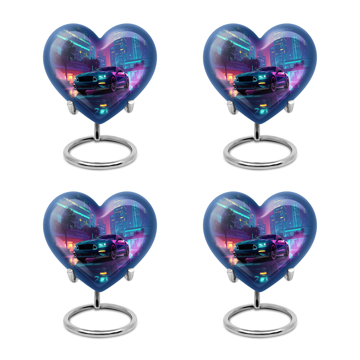 Cornflower Blue Car Cremation Urn angled view of lid and engraved motif - compassionate heart-car combination with gentle curves - 10 inch aluminum urn for cremated remains