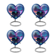 Cornflower Blue Car Cremation Urn angled view of lid and engraved motif - compassionate heart-car combination with gentle curves - 10 inch aluminum urn for cremated remains