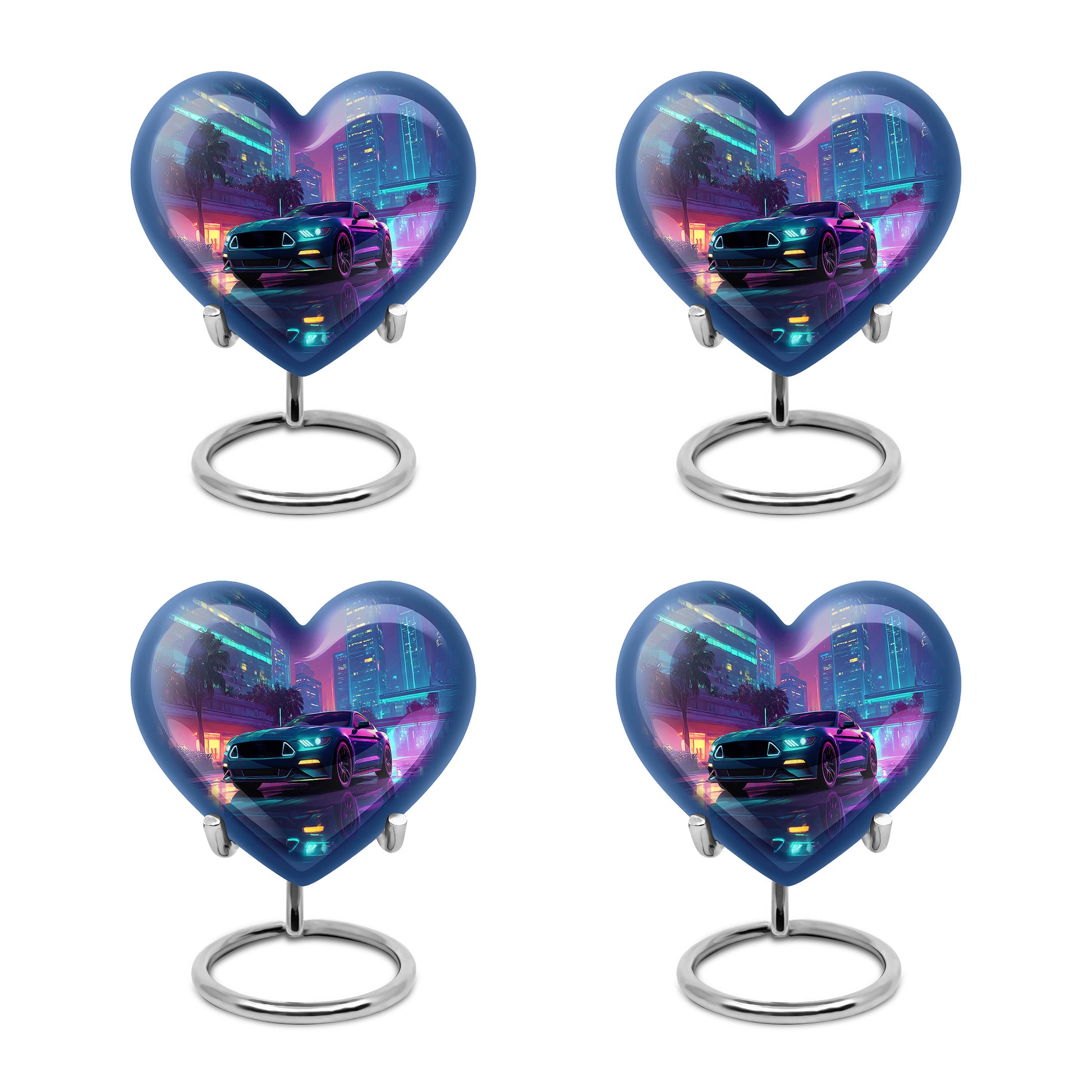 Cornflower Blue Car Cremation Urn angled view of lid and engraved motif - compassionate heart-car combination with gentle curves - 10 inch aluminum urn for cremated remains