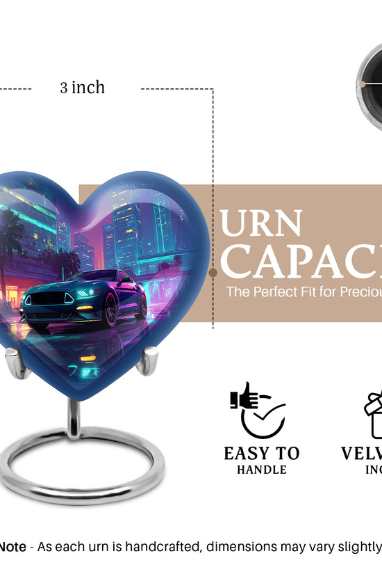 Sky Blue Car Cremation Urn front view showing detailed design - loving heart memorial featuring car pattern - mini keepsake memorial for portion of cremation ashes