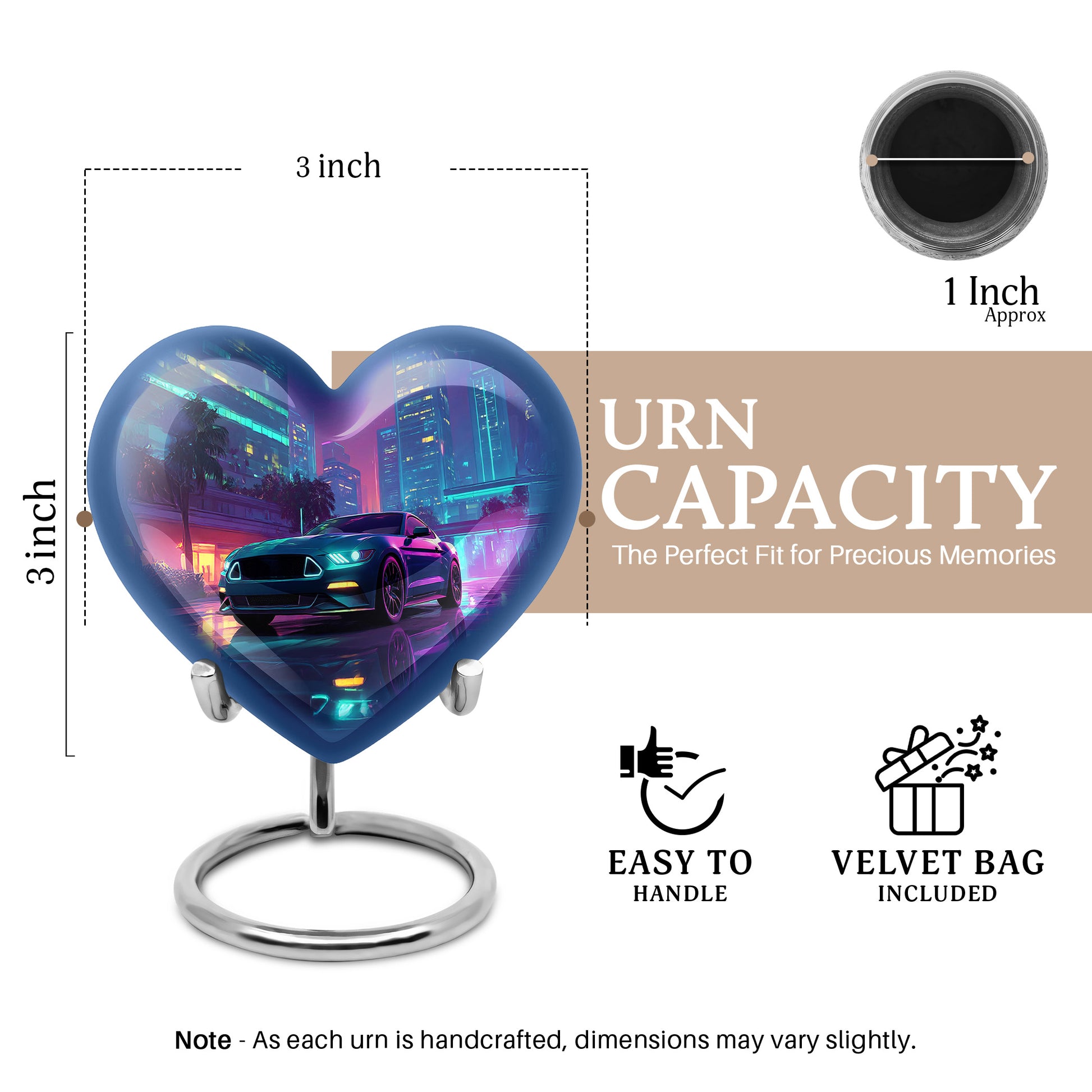 Sky Blue Car Cremation Urn front view showing detailed design - loving heart memorial featuring car pattern - mini keepsake memorial for portion of cremation ashes