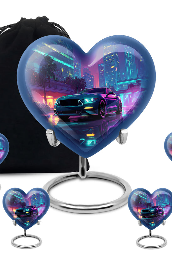 Serene Blue Car Cremation Urn close-up of engraving and surface detail - compassionate heart-car combination with gentle curves - memorial set with one large and four small urns