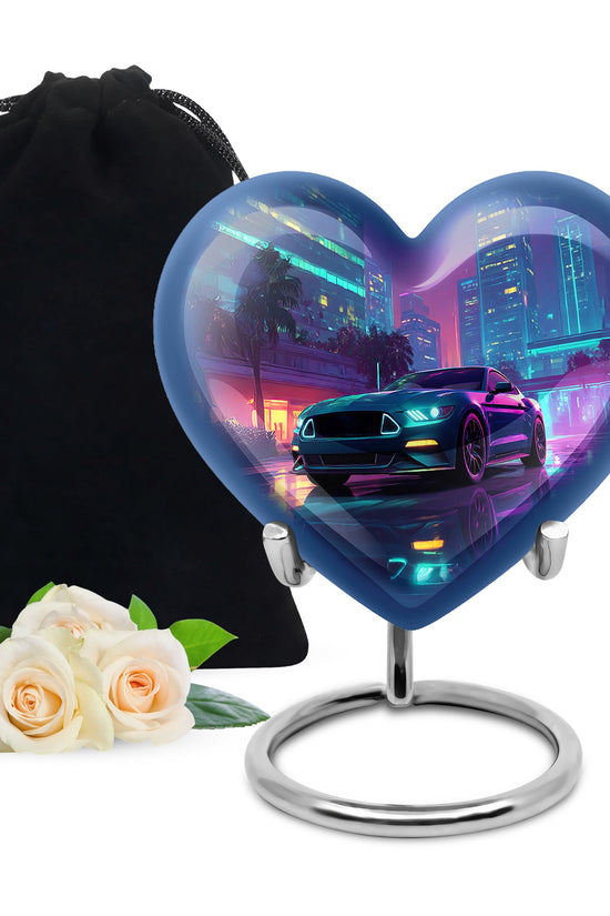 Serene Blue Car Cremation Urn detail view - romantic heart urn with car motif on aluminum - full-size 10 inch 200 cubic inch adult cremation urn