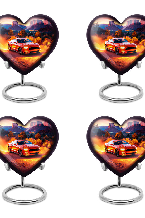 Fiery Red Car Cremation Urn angled view of lid and engraved motif - romantic heart urn with car motif on aluminum - 10 inch aluminum urn for cremated remains