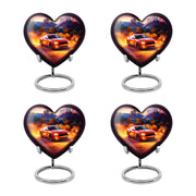 Fiery Red Car Cremation Urn angled view of lid and engraved motif - romantic heart urn with car motif on aluminum - 10 inch aluminum urn for cremated remains
