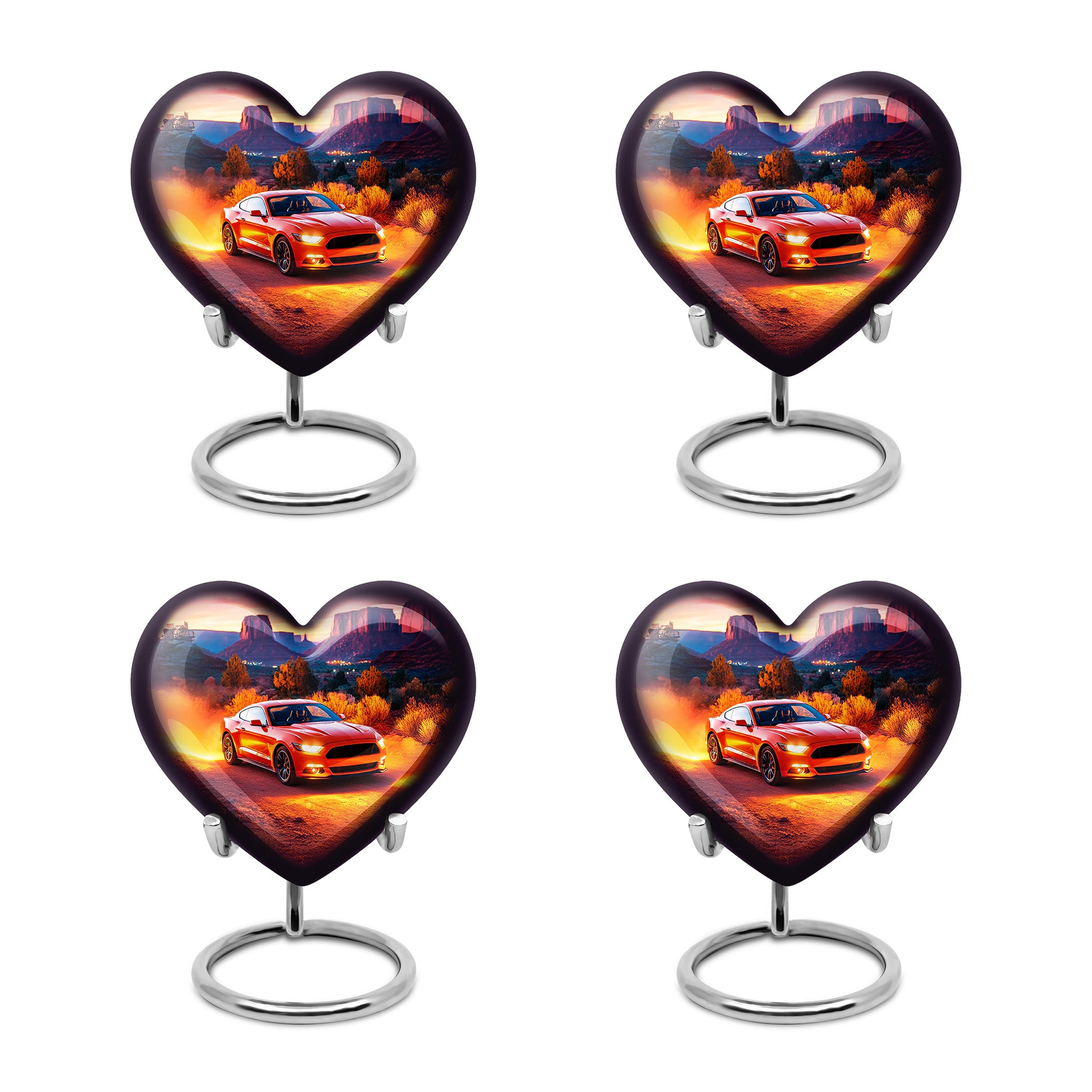 Fiery Red Car Cremation Urn angled view of lid and engraved motif - romantic heart urn with car motif on aluminum - 10 inch aluminum urn for cremated remains