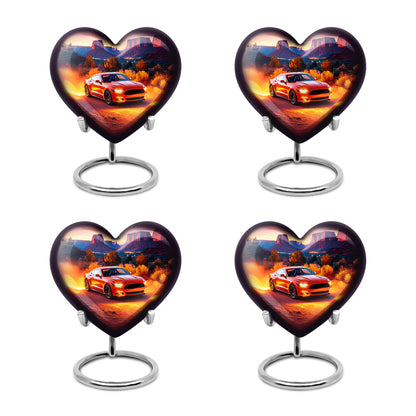 Fiery Red Car Cremation Urn angled view of lid and engraved motif - romantic heart urn with car motif on aluminum - 10 inch aluminum urn for cremated remains