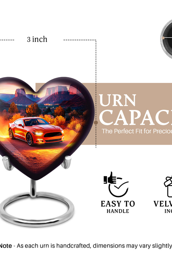 Garnet Red Car Cremation Urn front view showing detailed design - loving heart memorial featuring car pattern - mini keepsake memorial for portion of cremation ashes