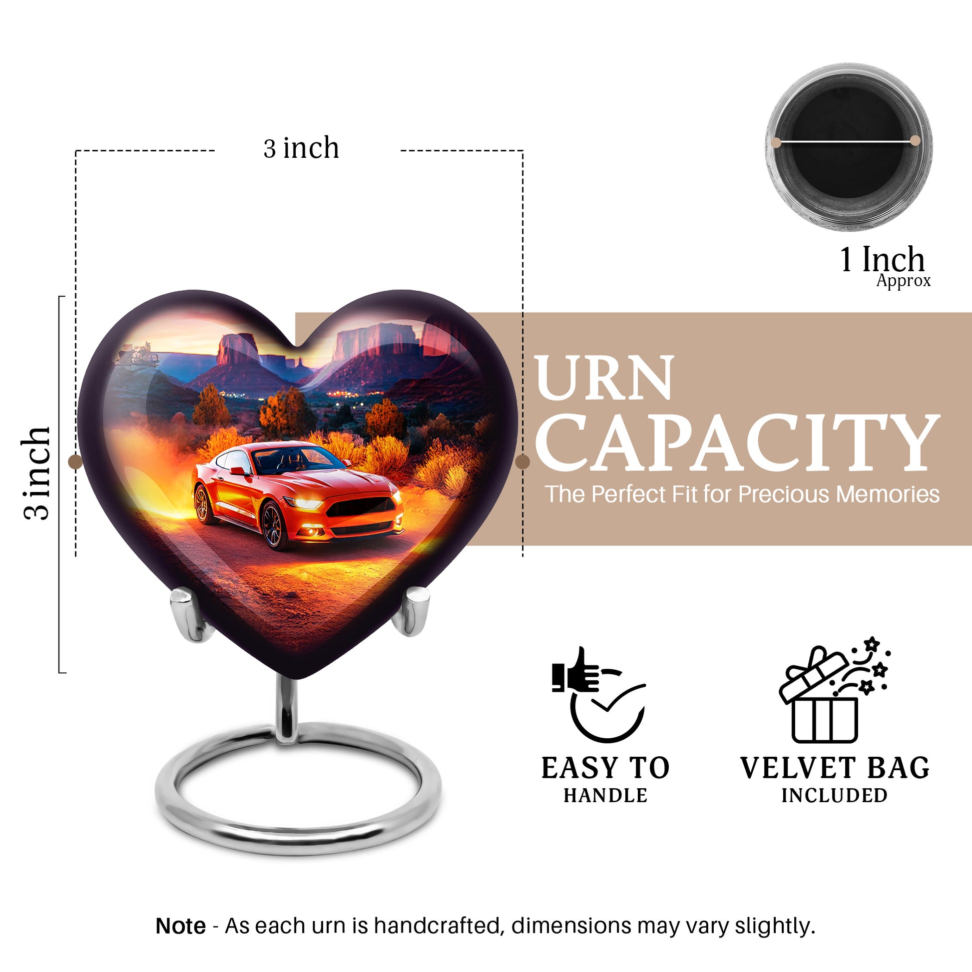 Garnet Red Car Cremation Urn front view showing detailed design - loving heart memorial featuring car pattern - mini keepsake memorial for portion of cremation ashes