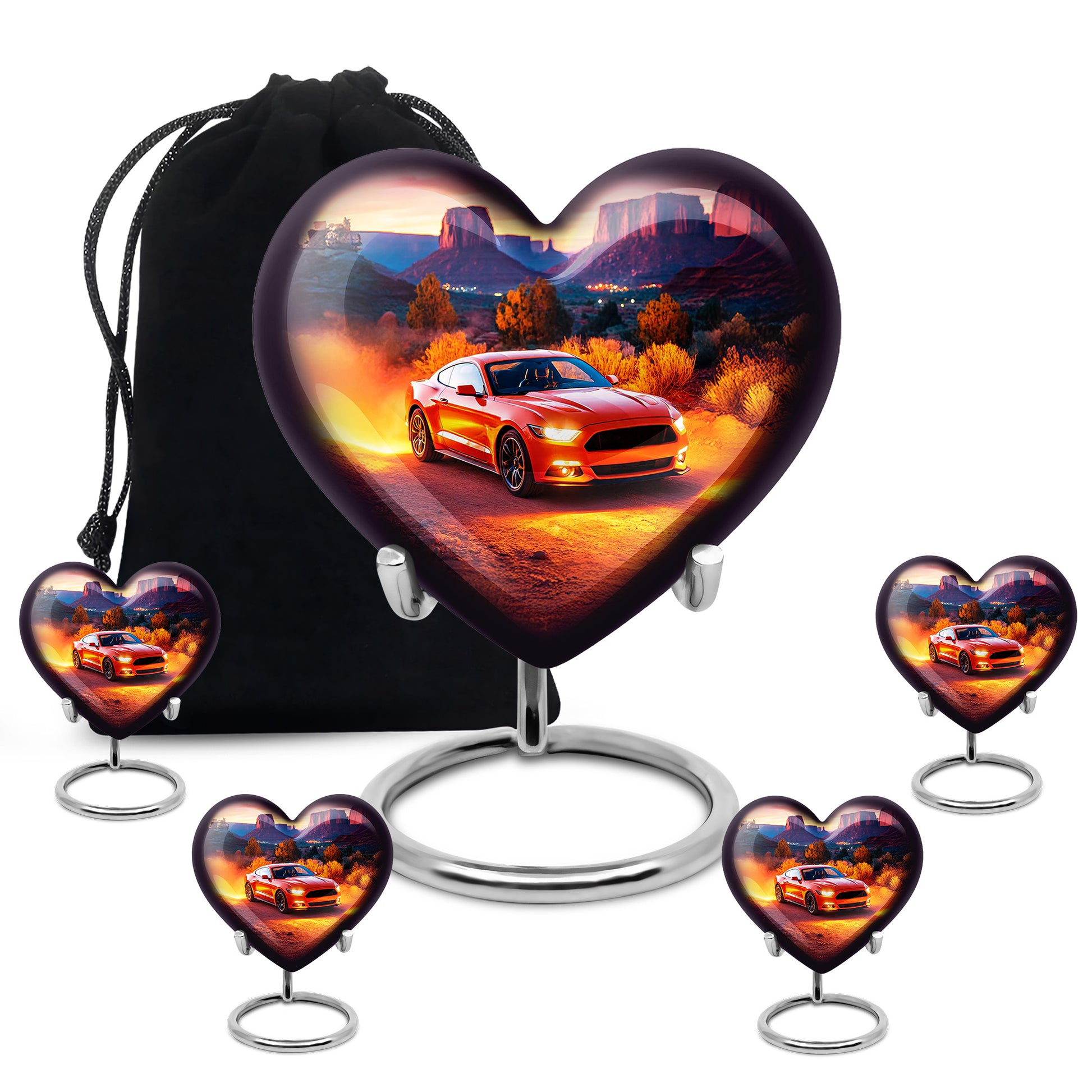 Crimson Red Car Cremation Urn close-up of engraving and surface detail - loving heart memorial featuring car pattern - memorial set with one large and four small urns