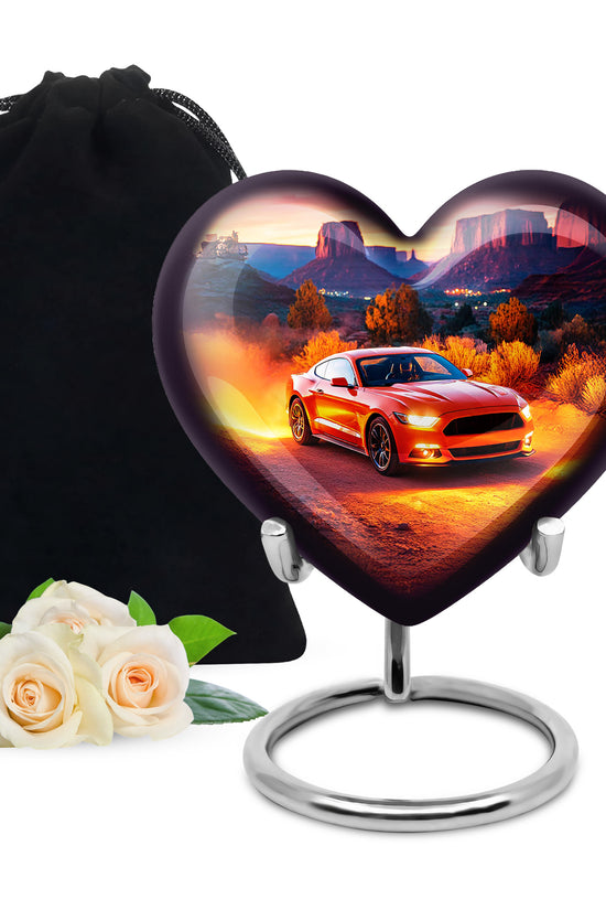 Cherry Red Car Cremation Urn detail view - compassionate heart-car combination with gentle curves - full-size 10 inch 200 cubic inch adult cremation urn
