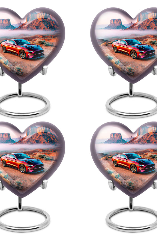 Platinum Silver Car Cremation Urn angled view of lid and engraved motif - loving heart memorial featuring car pattern - 10 inch aluminum urn for cremated remains