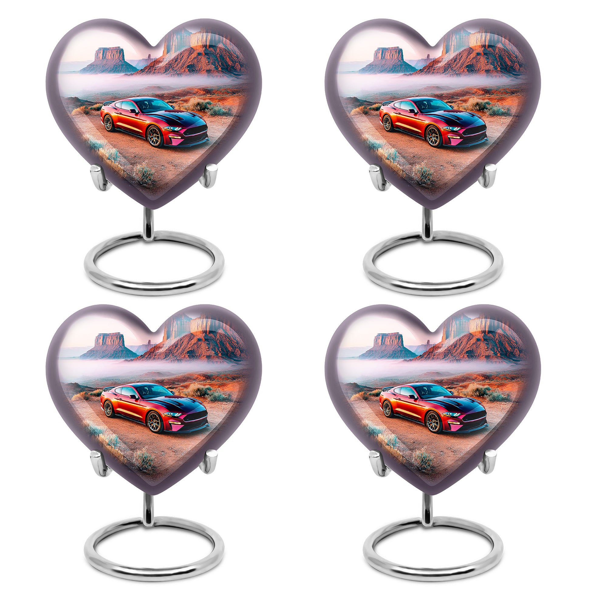 Platinum Silver Car Cremation Urn angled view of lid and engraved motif - loving heart memorial featuring car pattern - 10 inch aluminum urn for cremated remains
