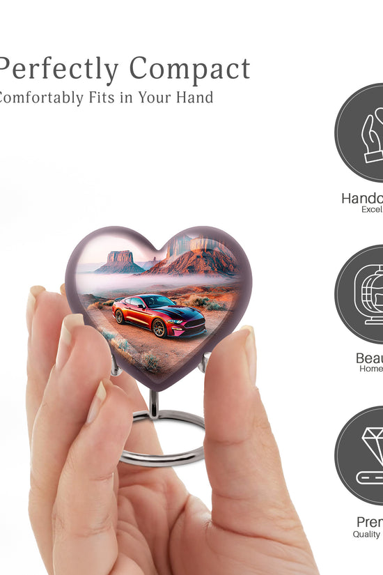 Platinum Silver Car Cremation Urn front view showing detailed design - loving heart memorial featuring car pattern - mini keepsake memorial for portion of cremation ashes