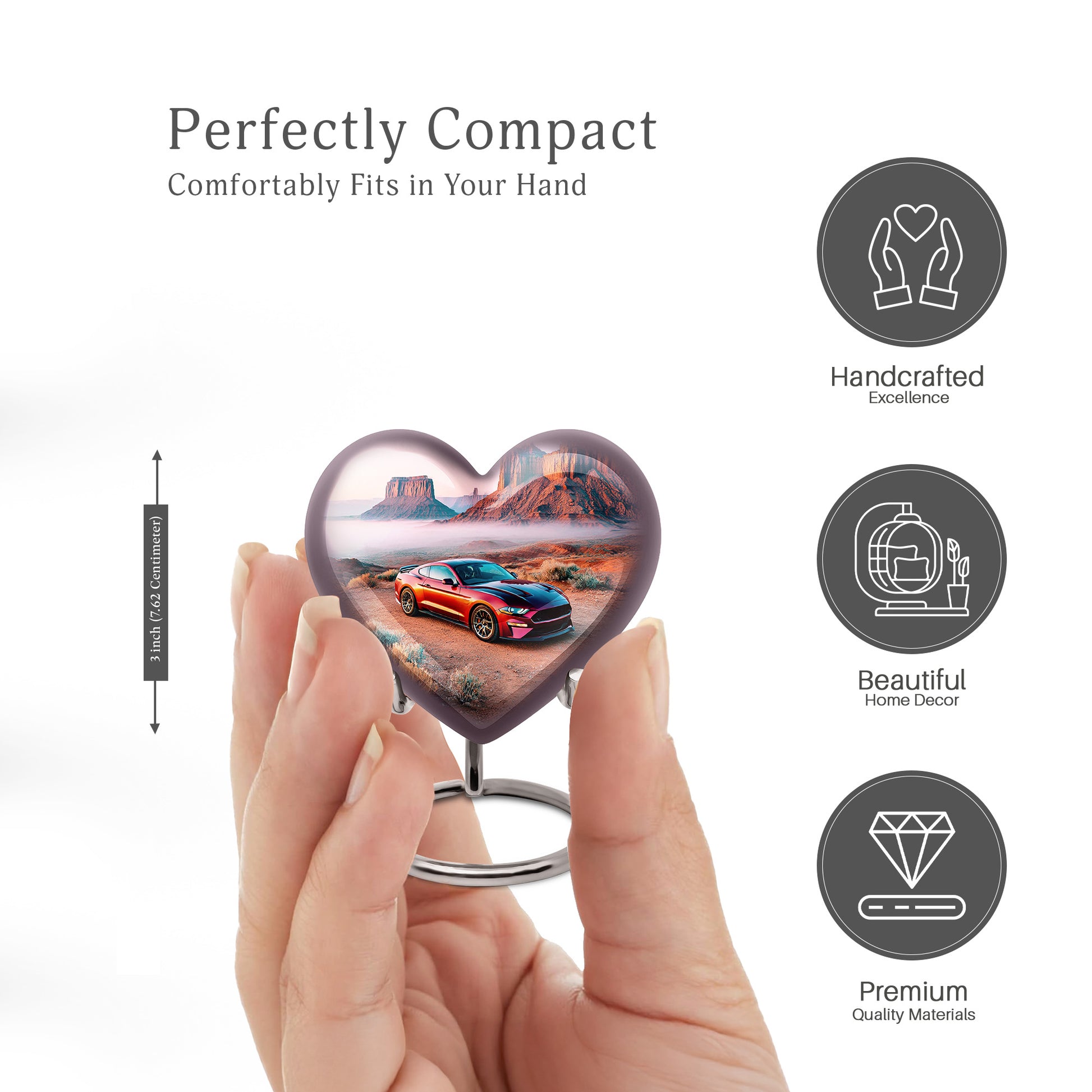Platinum Silver Car Cremation Urn front view showing detailed design - loving heart memorial featuring car pattern - mini keepsake memorial for portion of cremation ashes