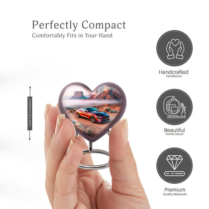 Platinum Silver Car Cremation Urn front view showing detailed design - loving heart memorial featuring car pattern - mini keepsake memorial for portion of cremation ashes