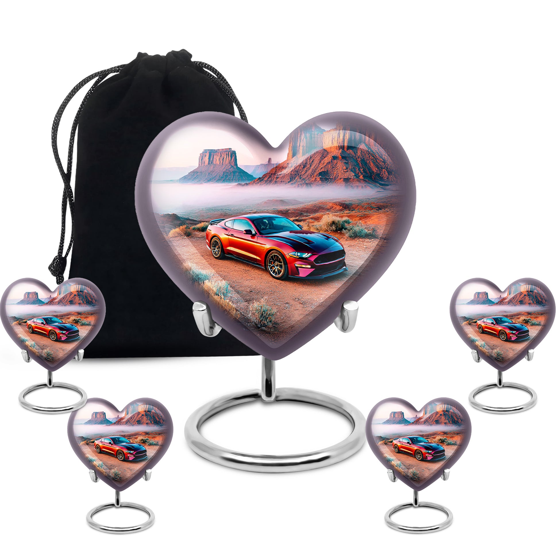 Polished Silver Car Cremation Urn close-up of engraving and surface detail - romantic heart urn with car motif on aluminum - memorial set with one large and four small urns