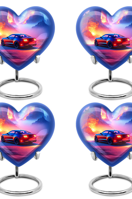 Steel Blue Car Cremation Urn angled view of lid and engraved motif - romantic heart urn with car motif on aluminum - 10 inch aluminum urn for cremated remains