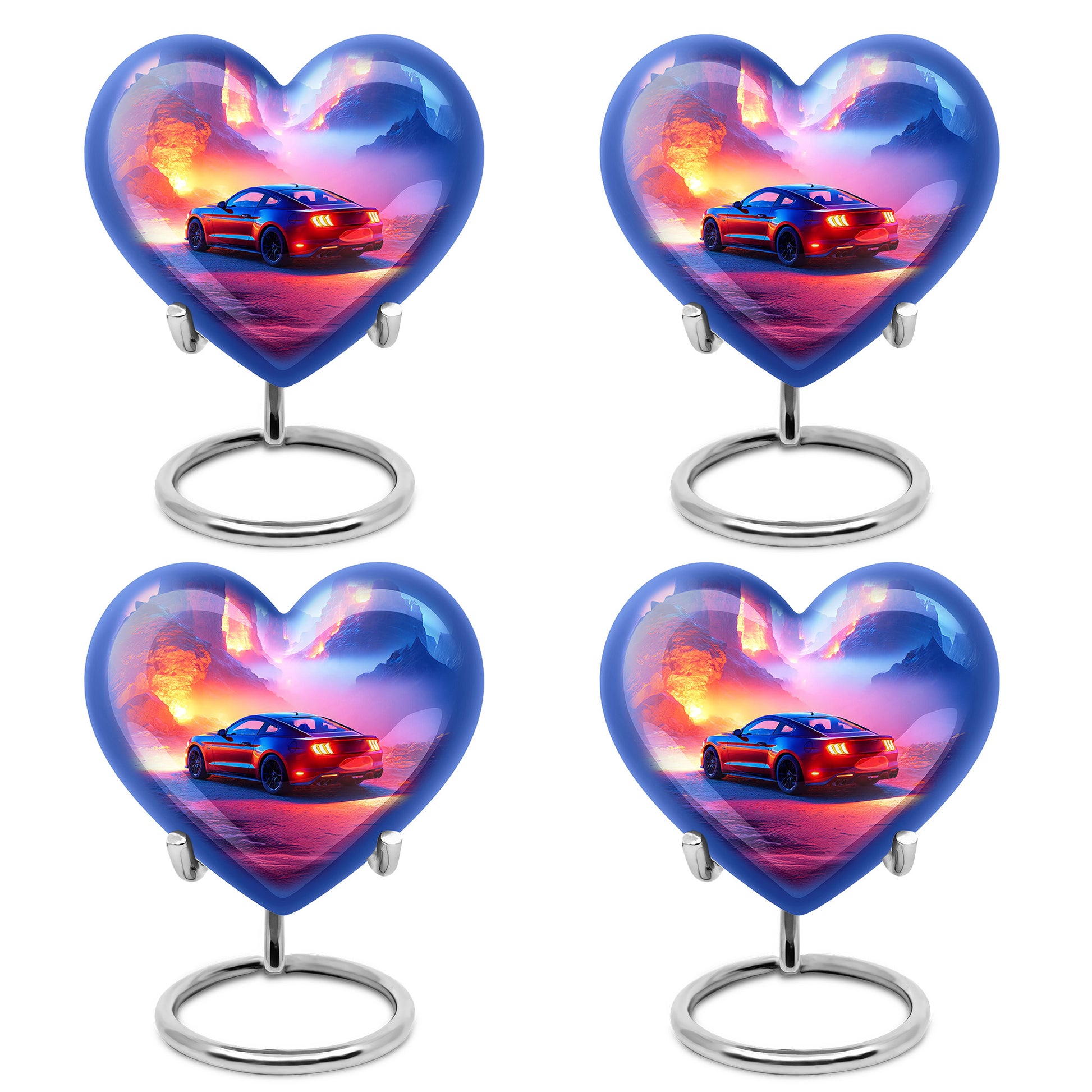 Steel Blue Car Cremation Urn angled view of lid and engraved motif - romantic heart urn with car motif on aluminum - 10 inch aluminum urn for cremated remains