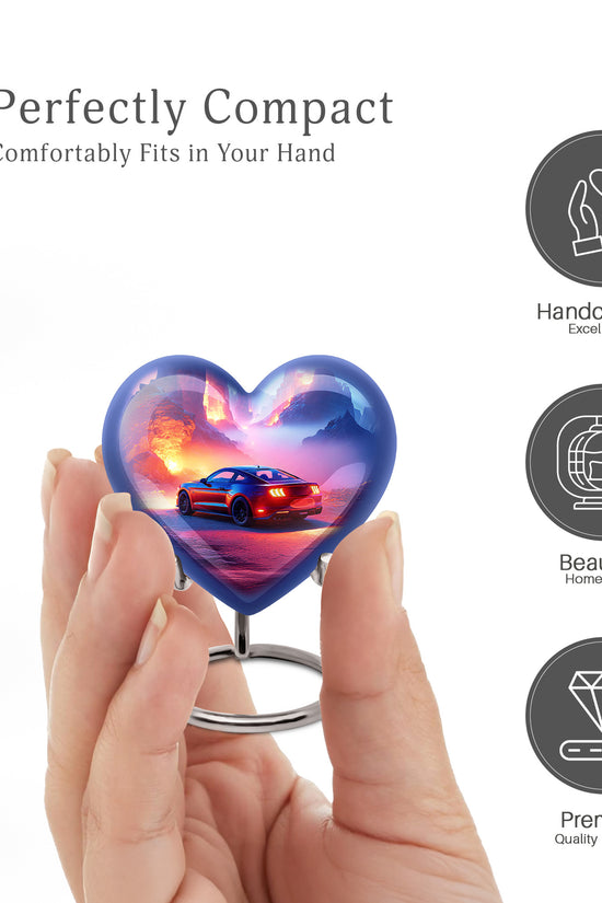 Celestial Blue Car Cremation Urn front view showing detailed design - loving heart memorial featuring car pattern - mini keepsake memorial for portion of cremation ashes