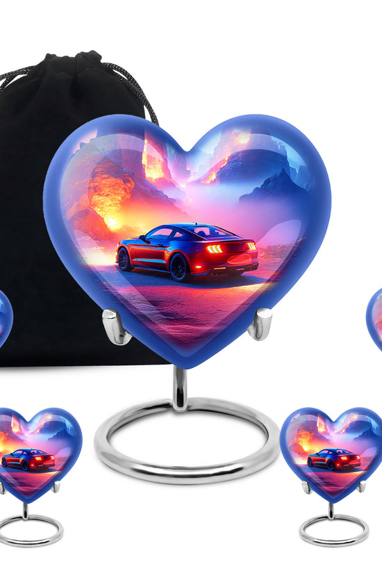 Pastel Blue Car Cremation Urn close-up of engraving and surface detail - loving heart memorial featuring car pattern - memorial set with one large and four small urns