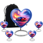 Pastel Blue Car Cremation Urn close-up of engraving and surface detail - loving heart memorial featuring car pattern - memorial set with one large and four small urns