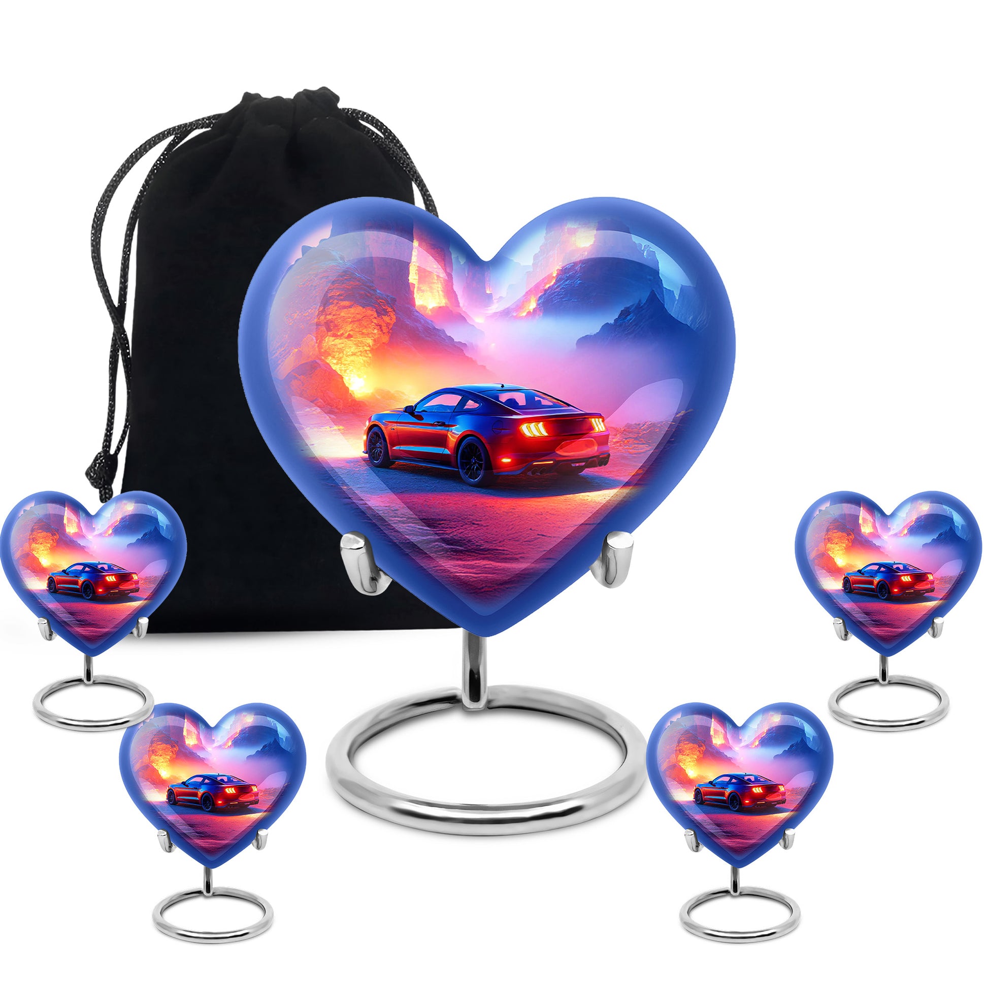 Pastel Blue Car Cremation Urn close-up of engraving and surface detail - loving heart memorial featuring car pattern - memorial set with one large and four small urns