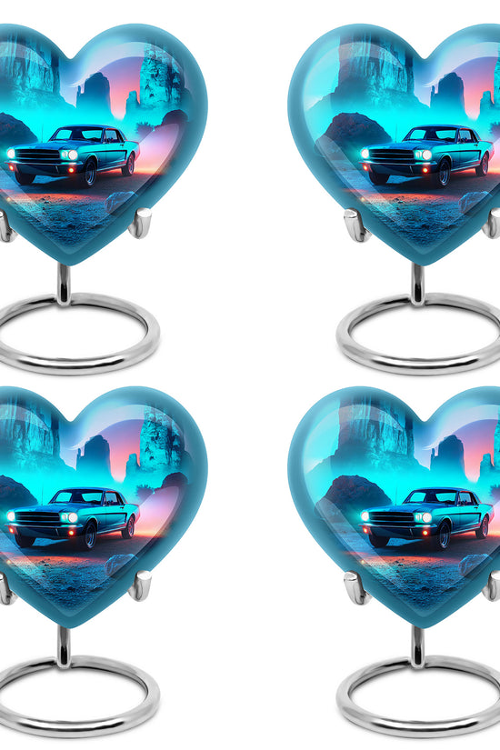 Dusty Blue Car Cremation Urn angled view of lid and engraved motif - loving heart memorial featuring car pattern - 10 inch aluminum urn for cremated remains