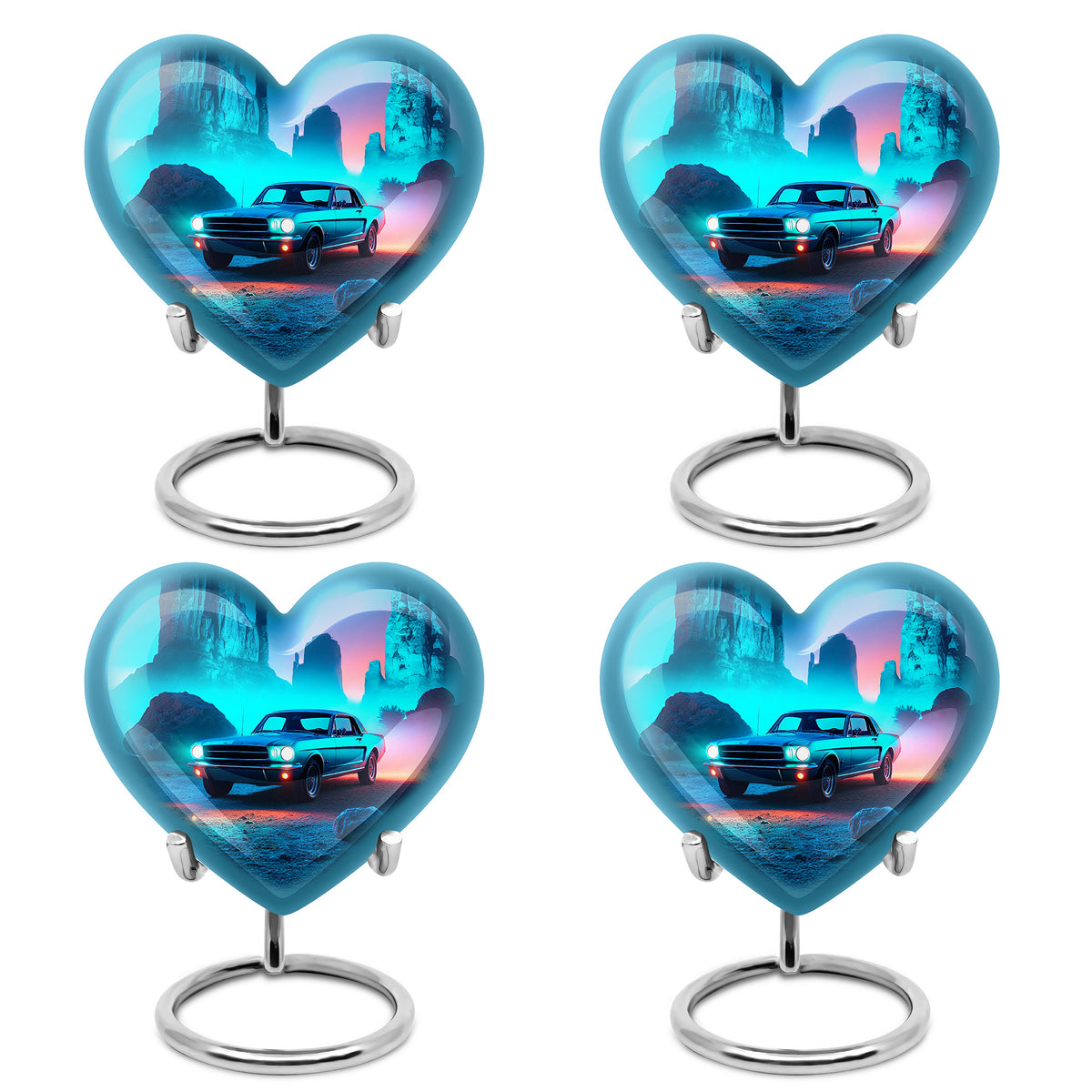 Dusty Blue Car Cremation Urn angled view of lid and engraved motif - loving heart memorial featuring car pattern - 10 inch aluminum urn for cremated remains