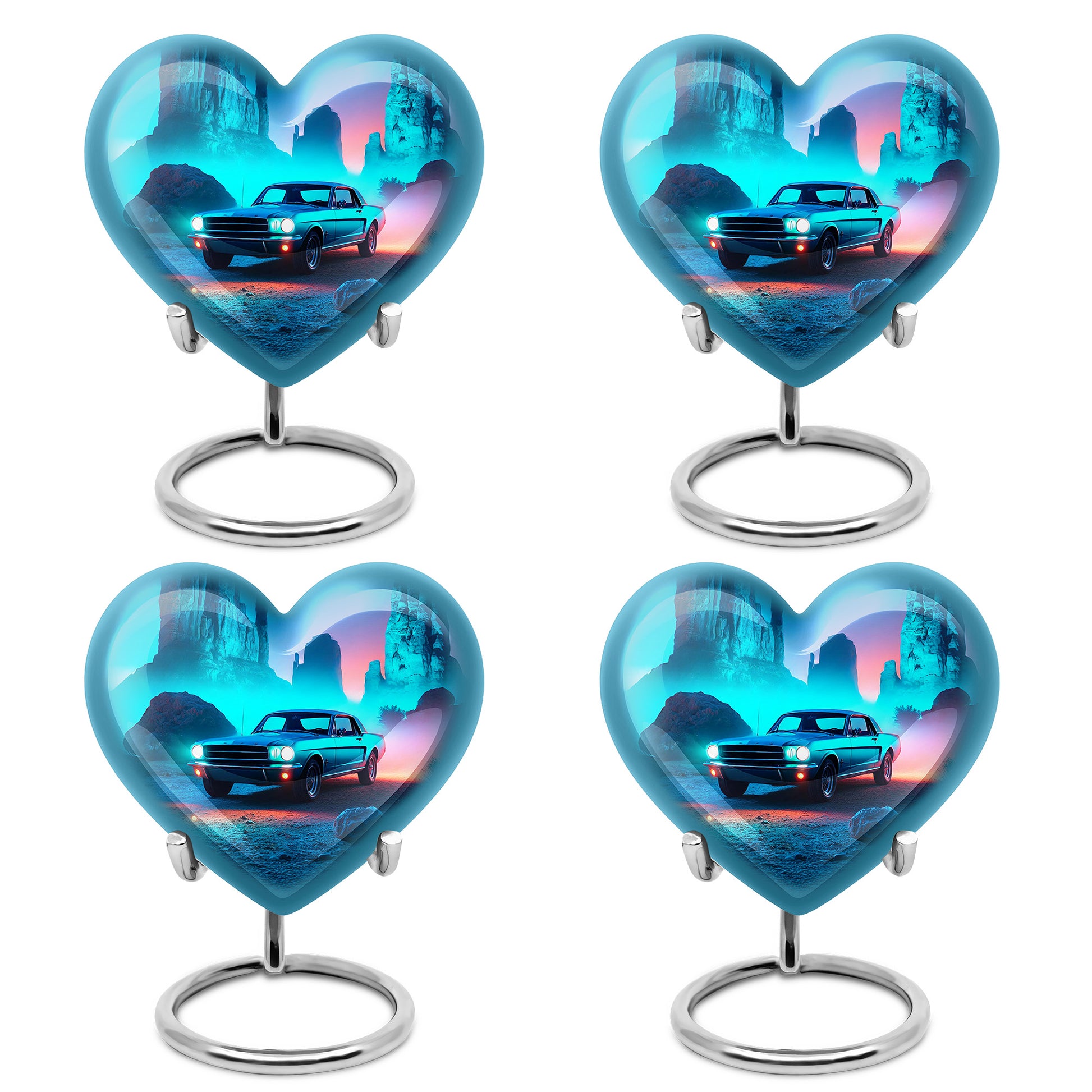 Dusty Blue Car Cremation Urn angled view of lid and engraved motif - loving heart memorial featuring car pattern - 10 inch aluminum urn for cremated remains