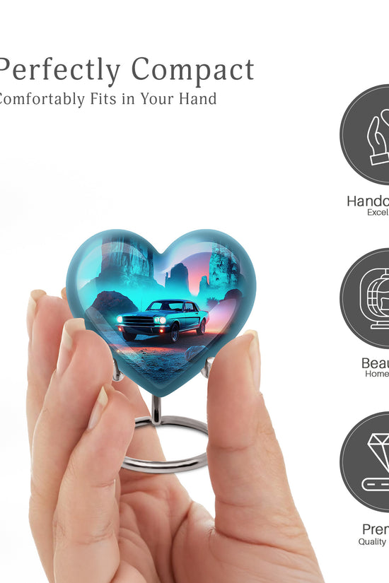 Dusty Blue Car Cremation Urn front view showing detailed design - loving heart memorial featuring car pattern - mini keepsake memorial for portion of cremation ashes