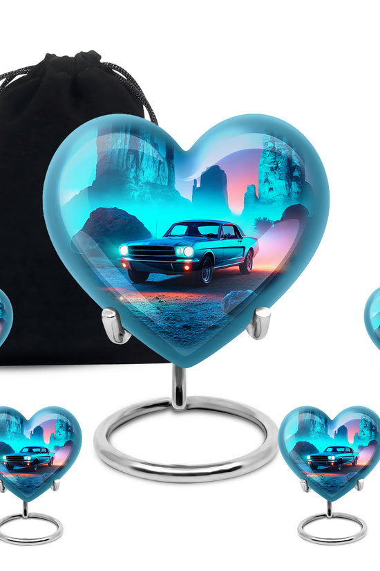 Pastel Blue Car Cremation Urn close-up of engraving and surface detail - heart-shaped car design symbolizing eternal love - memorial set with one large and four small urns