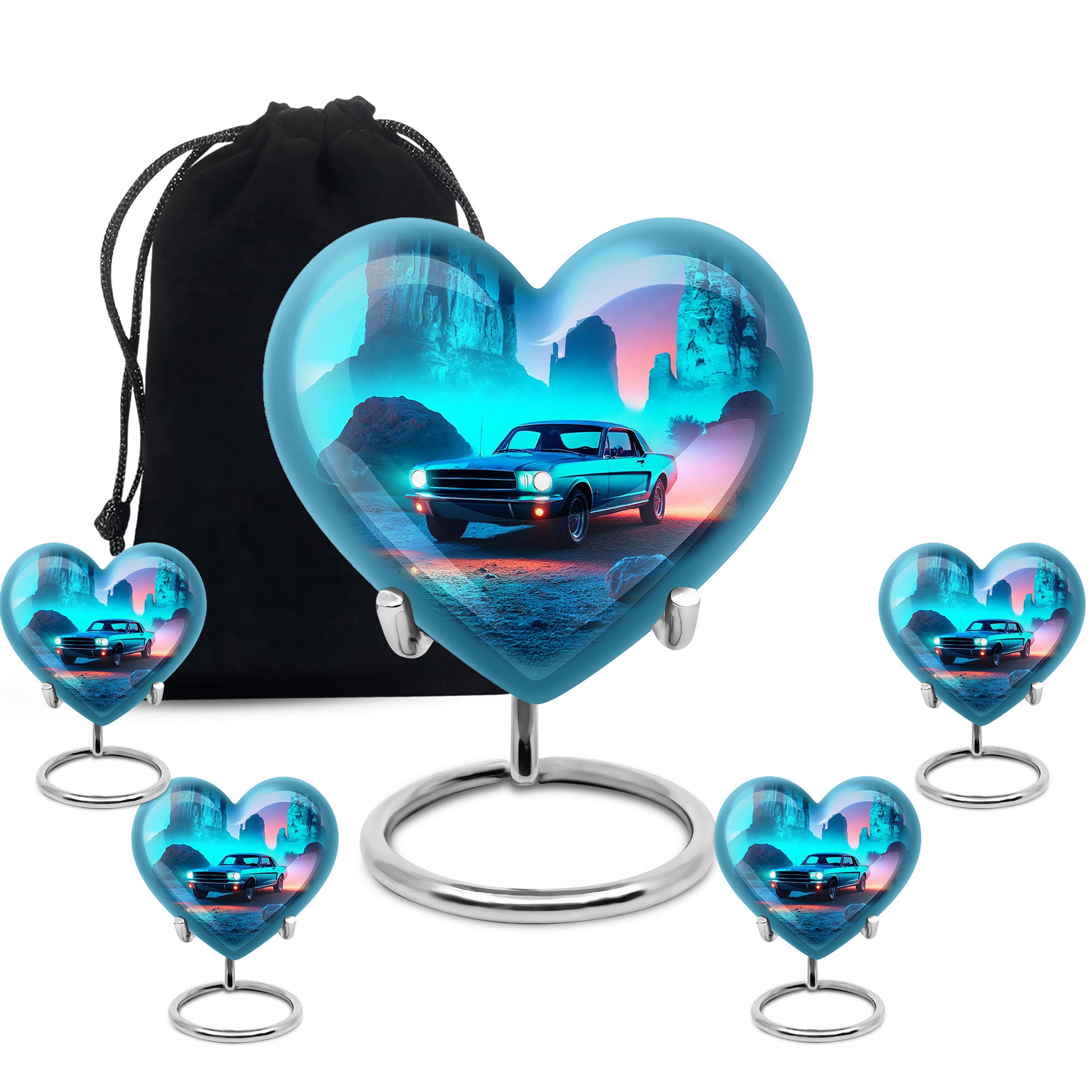 Pastel Blue Car Cremation Urn close-up of engraving and surface detail - heart-shaped car design symbolizing eternal love - memorial set with one large and four small urns